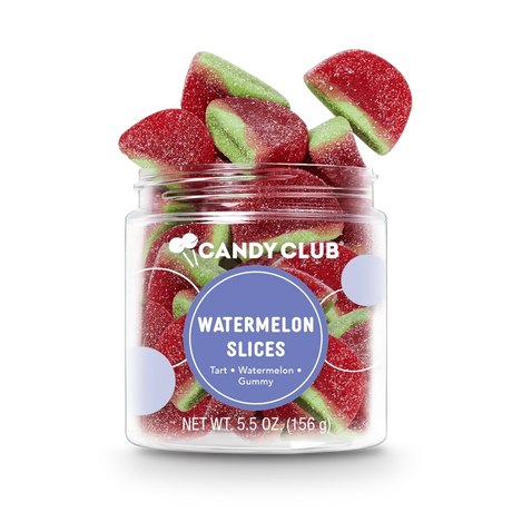 Watermelon slice–shaped gummy candies with pink centers and green rind in a Candy Club small cup (gluten-free)