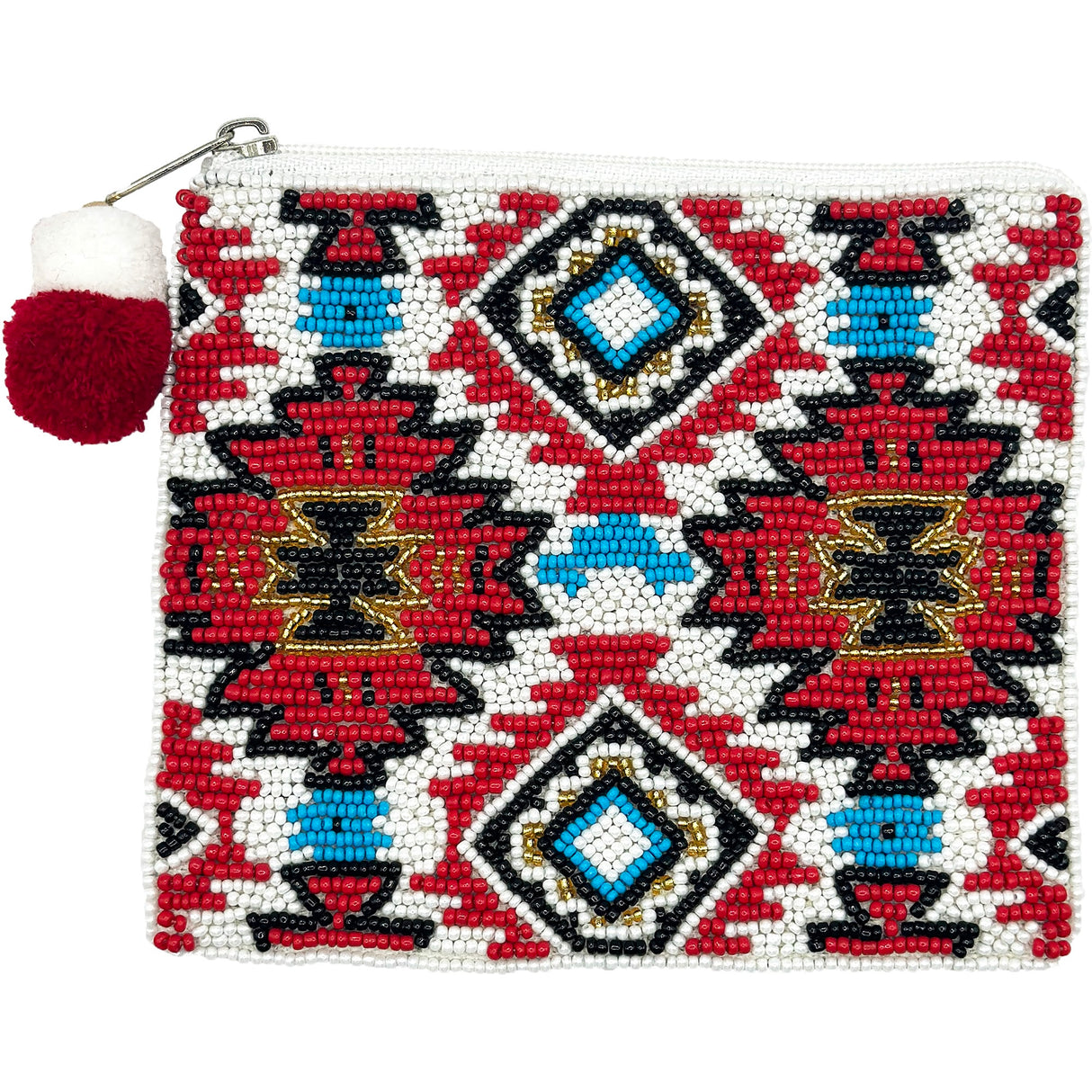 Western Aztec Print Beaded Coin Pouch with Pom-Pom Zipper