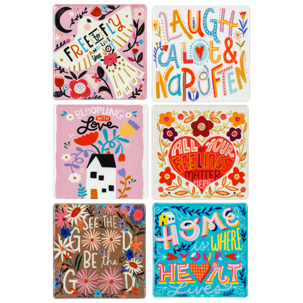 Colorful ceramic fridge magnets with inspirational messages and floral designs.