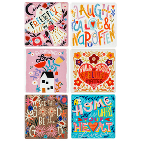Colorful ceramic fridge magnets with inspirational messages and floral designs.