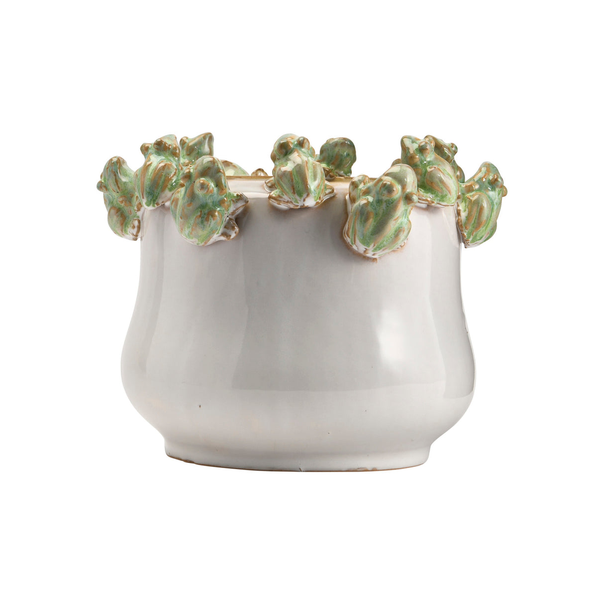 Whimsical stoneware planter featuring 3D frogs on the rim, finished in a reactive white and green glaze, holds a 7-inch pot.