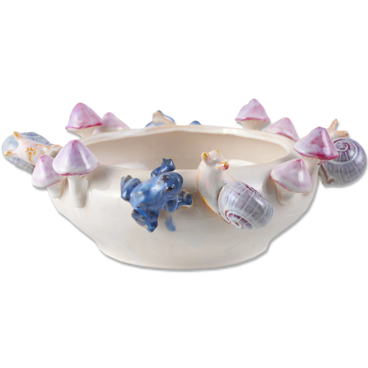 ceramic woodland planter with frogs snails and mushroom details