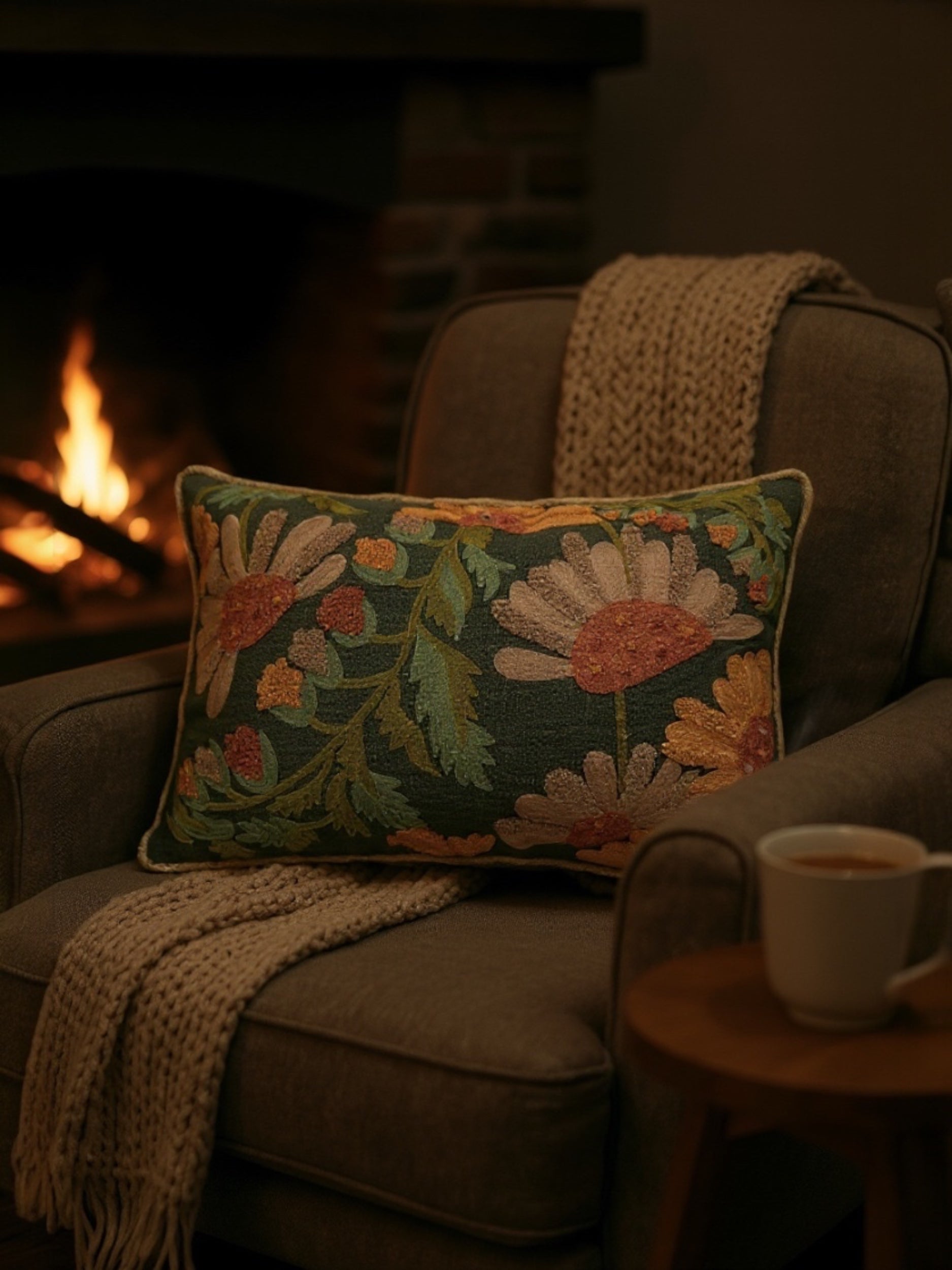 Embroidered Autumn Floral Cotton Slub Pillow with Fringe - Thumbnail 2