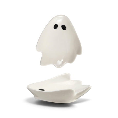 White ceramic ghost-shaped trinket dish with black eyes for Halloween décor