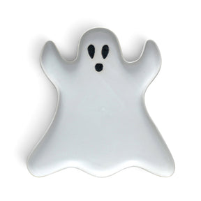 Matte white ceramic ghost shaped Halloween plate with black face