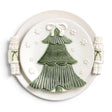 White Christmas ceramic platter set with raised green tree design and sculpted nutcracker handles