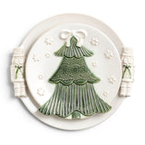 White Christmas ceramic platter set with raised green tree design and sculpted nutcracker handles