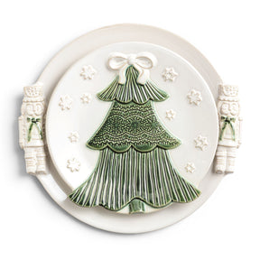 White Christmas ceramic platter set with raised green tree design and sculpted nutcracker handles