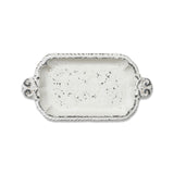 Distressed white cast iron tray with embossed edge and handles