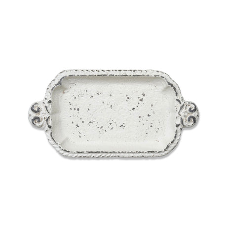 Distressed white cast iron tray with embossed edge and handles