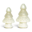 White embossed mercury glass trees with tiered branches and a pearly finish, available in two sizes.