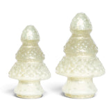 White embossed mercury glass trees with tiered branches and a pearly finish, available in two sizes.
