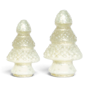 White embossed mercury glass trees with tiered branches and a pearly finish, available in two sizes.