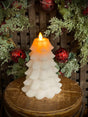 White Christmas tree shaped LED candle with moving flame and glittered finish