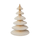 White recycled paper honeycomb Christmas trees with gold glitter edges in two sizes, 48 and 72 inches tall