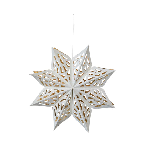 white paper hanging snowflake with gold foil accents