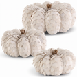 White scalloped wood chip decorative pumpkins in small and medium sizes with layered texture and natural stems