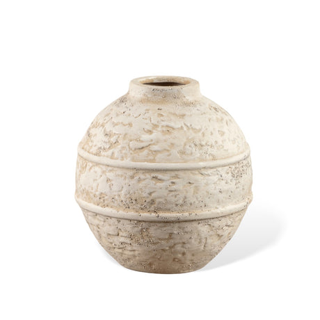 distressed white round clay vase by ragon house