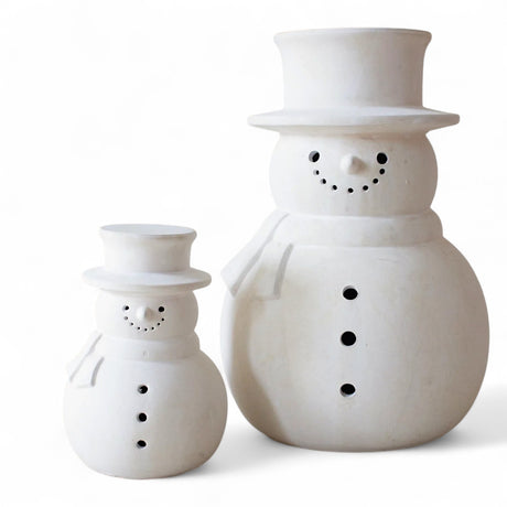 White terracotta snowman décor in two sizes, handcrafted with cut-out details and matte finish