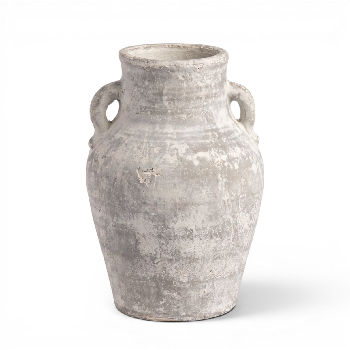Whitewashed ceramic vase with handles and distressed aged finish