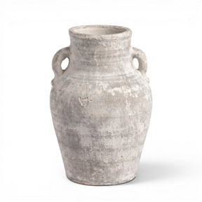 Whitewashed ceramic vase with handles and distressed aged finish