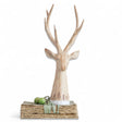 Whitewashed resin deer head sculpture with etched trees and snow design