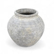Whitewashed round terracotta planter with aged gray finish, 9.25 inches tall