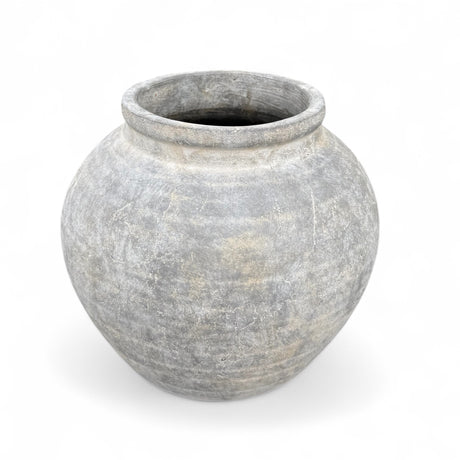 Whitewashed round terracotta planter with aged gray finish, 9.25 inches tall
