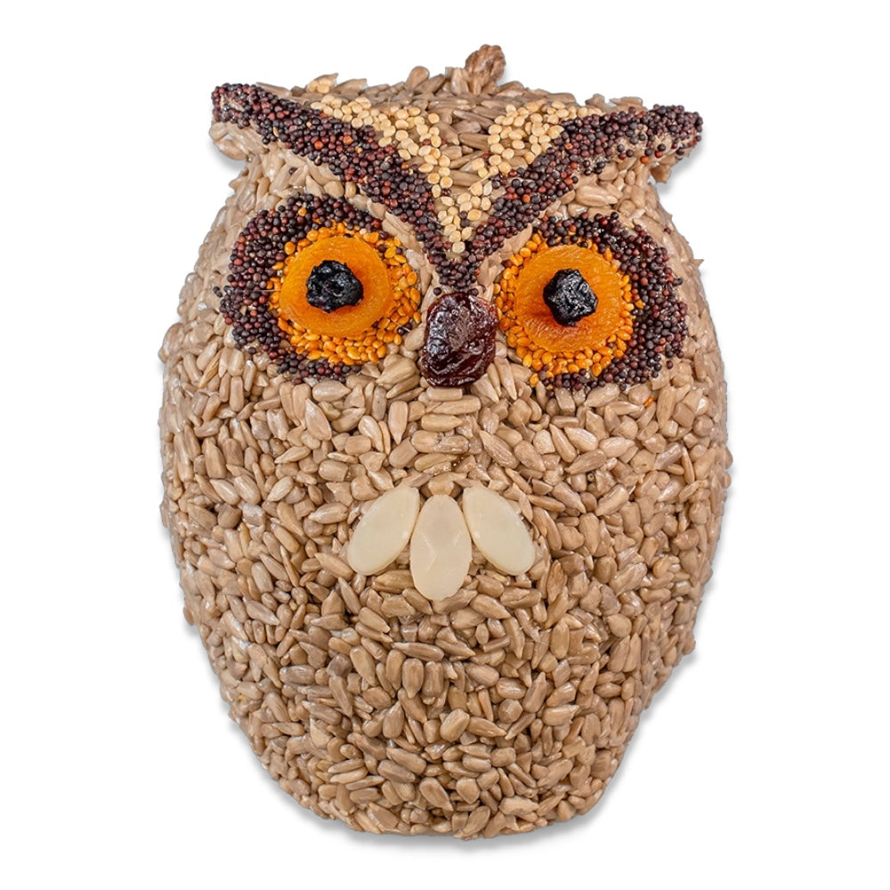 Owl-shaped bird seed treat made from sunflower hearts with a jute hanger for easy hanging.