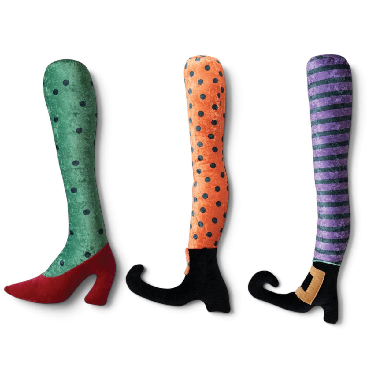 Colorful plush wicked witch leg Halloween pillows in three assorted styles with patterned stockings and witch boots
