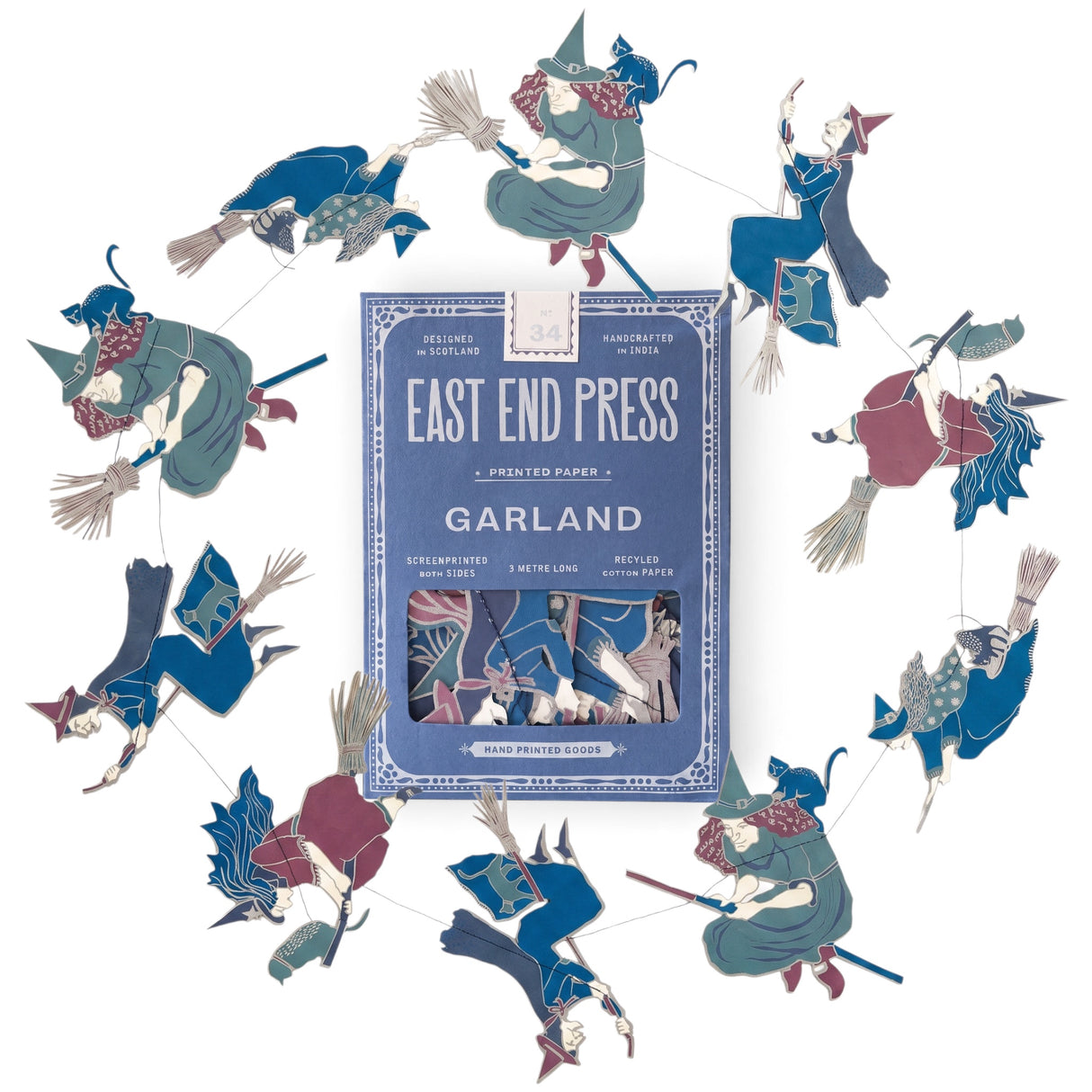 East End Press Wicked Witches sewn paper Halloween garland with witches, broomsticks, and cats