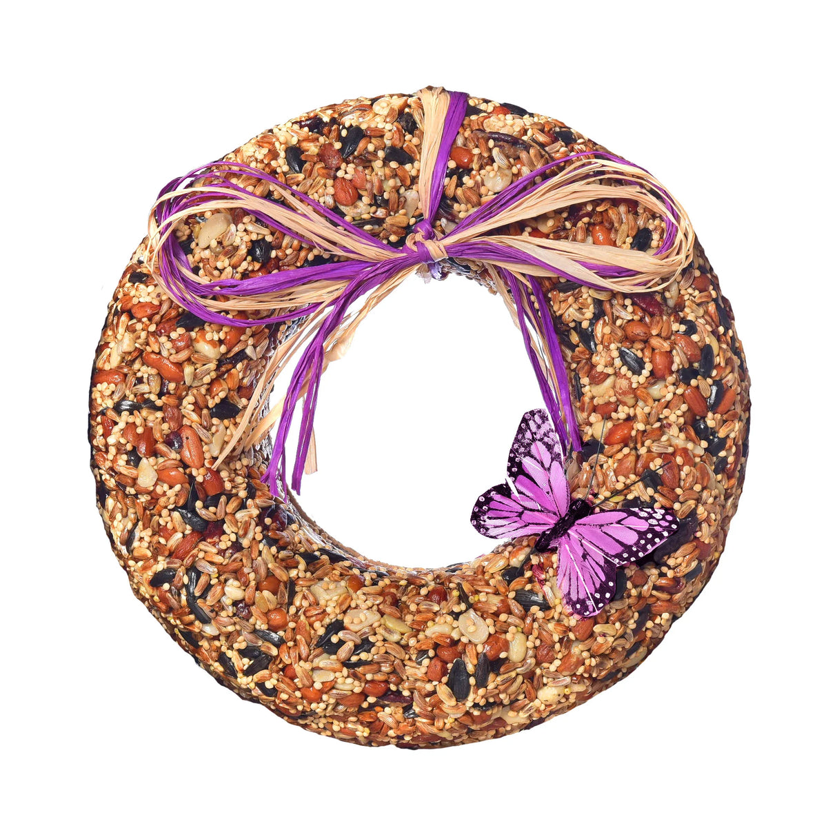 9” solid birdseed wreath with safflower, nuts, and sunflower seeds, decorated with a purple butterfly and raffia bow.