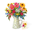 Wildflower Meadow pop-up paper bouquet with daisies, poppies, black-eyed Susans, Queen Anne’s lace, and bumblebees in a pitcher vase
