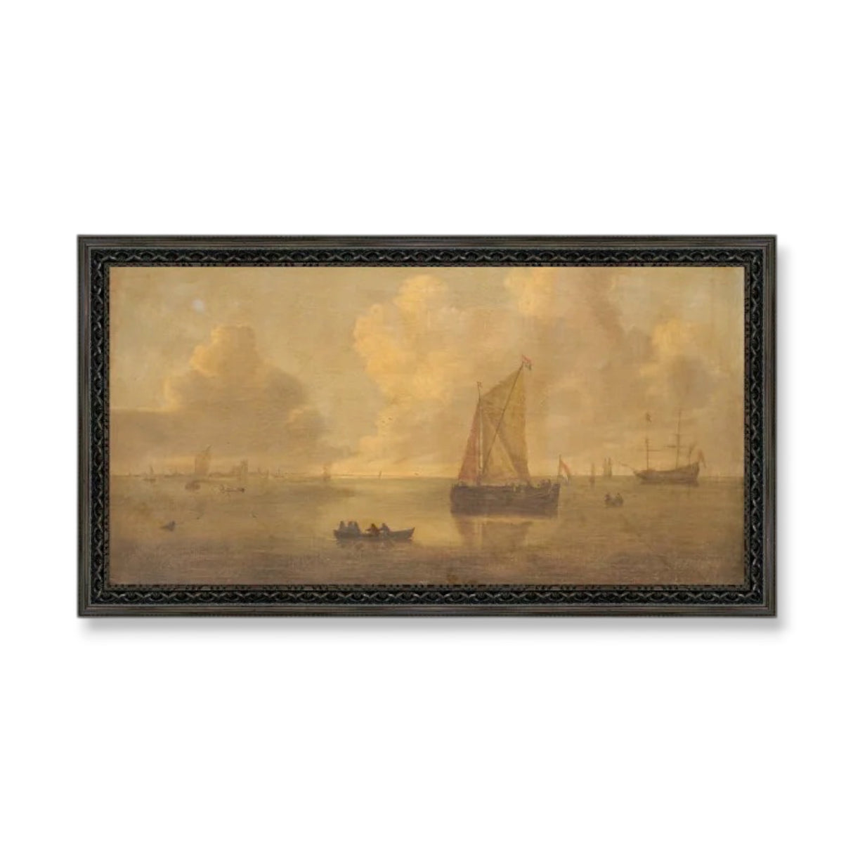willem van diest seascape wall art framed vintage coastal painting sailboats harbor neutral tones