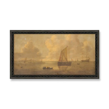 willem van diest seascape wall art framed vintage coastal painting sailboats harbor neutral tones