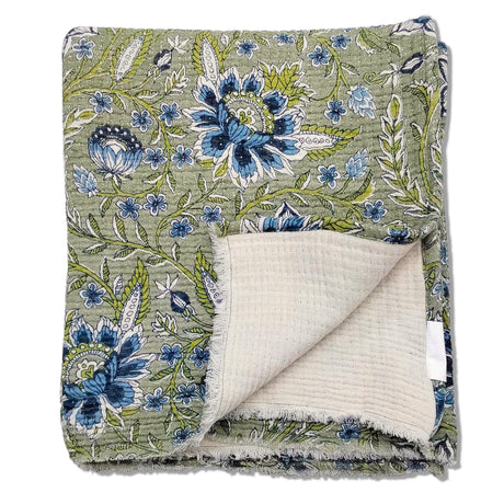 Sage green botanical cotton throw blanket 50x60 blue floral print