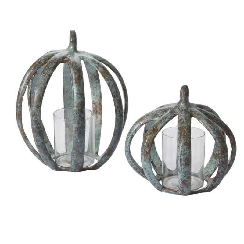 Green Copper Finish Metal Pumpkin Tealight Lanterns