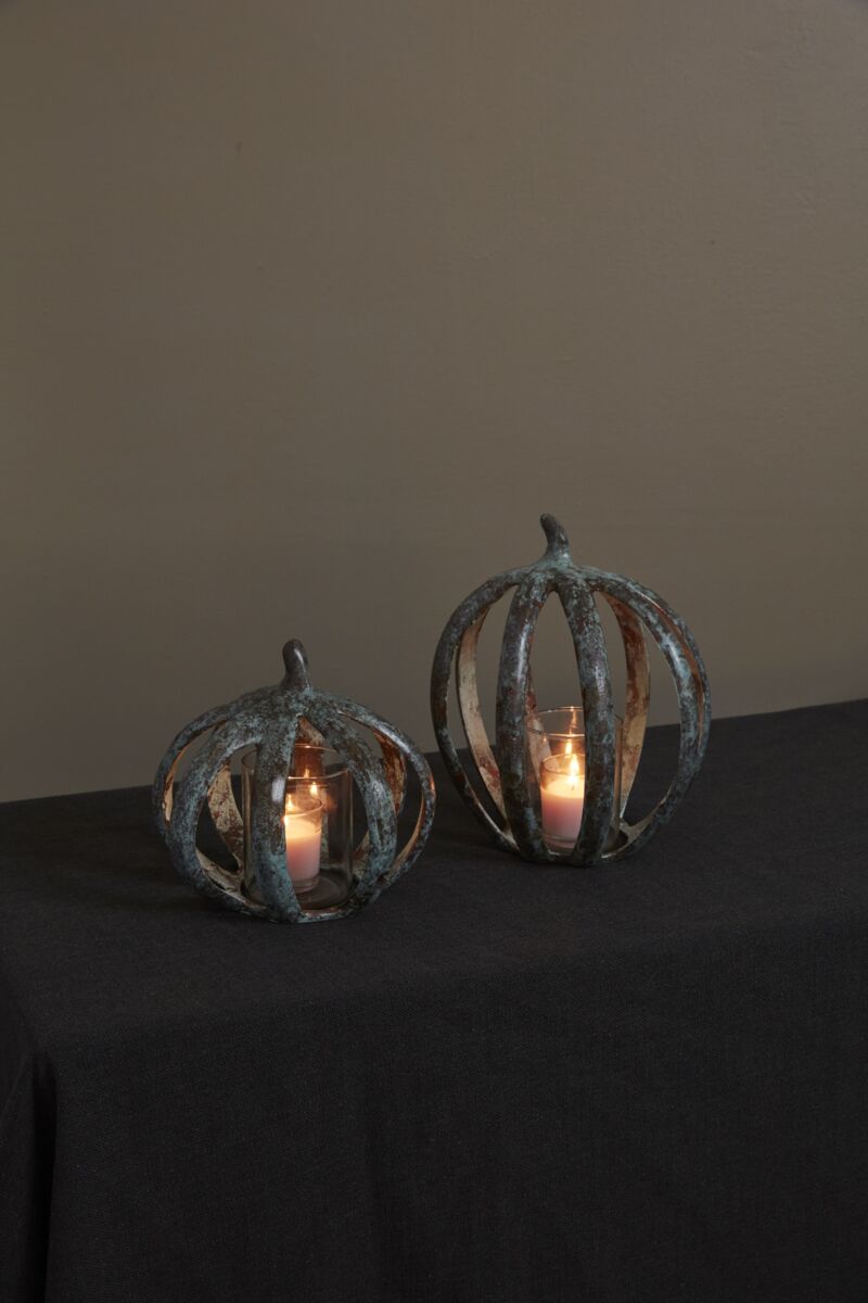 Green Copper Finish Metal Pumpkin Tealight Lanterns