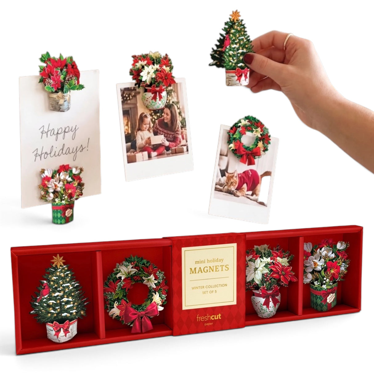 Winter floral magnets set of five with Christmas tree, wreath, and festive holiday flower arrangements in red gift box