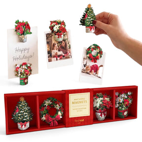 Winter floral magnets set of five with Christmas tree, wreath, and festive holiday flower arrangements in red gift box