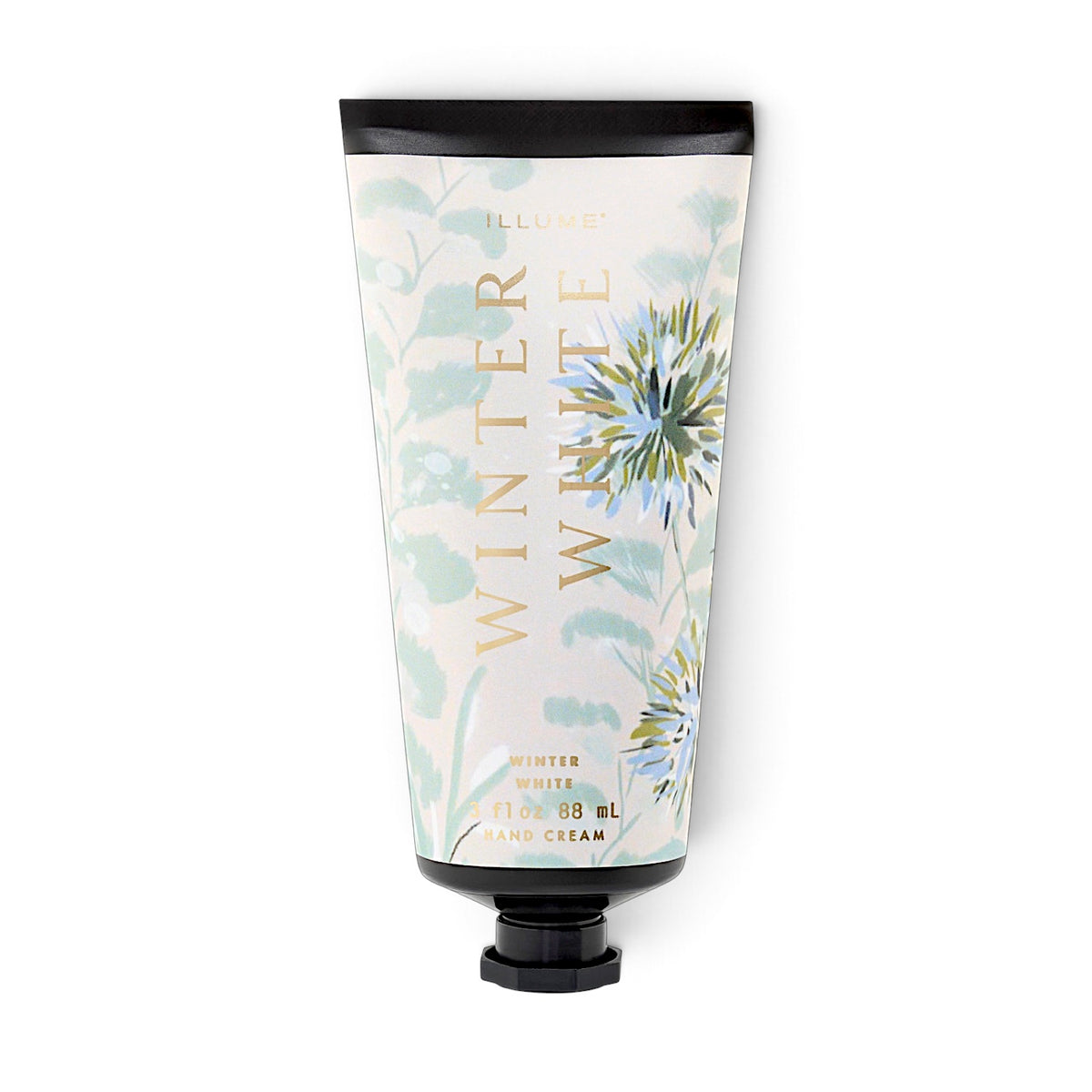 ILLUME Winter White Demi Hand Cream in a cream 3 fl oz tube with pale blue-green botanical illustrations, gold lettering, and a black cap