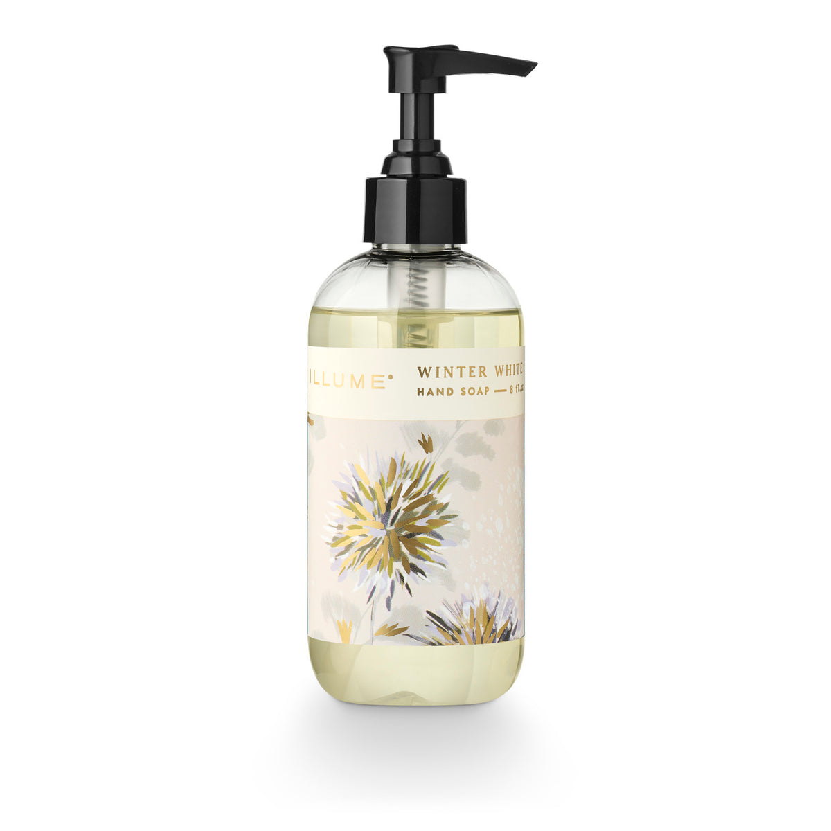 ILLUME Winter White hand soap in a clear 8 fl oz bottle with a black pump and cream botanical label with gold accents