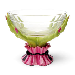 Resin green witch hands holding a removable clear glass serving bowl with pink ruffled sleeves
