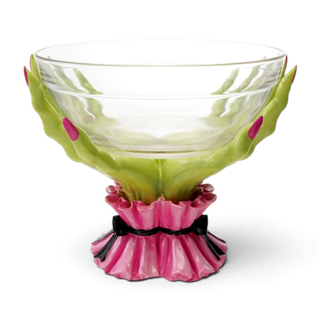 Resin green witch hands holding a removable clear glass serving bowl with pink ruffled sleeves