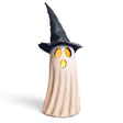 White resin Halloween ghost with black witch hat and warm LED light-up face