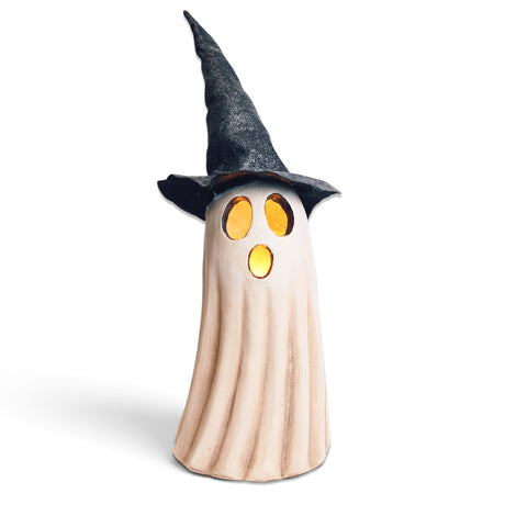 White resin Halloween ghost with black witch hat and warm LED light-up face