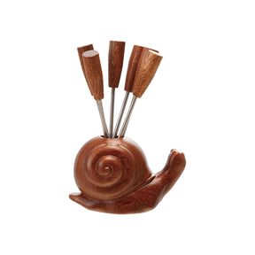 Wood snail-shaped holder with 6 stainless steel appetizer picks