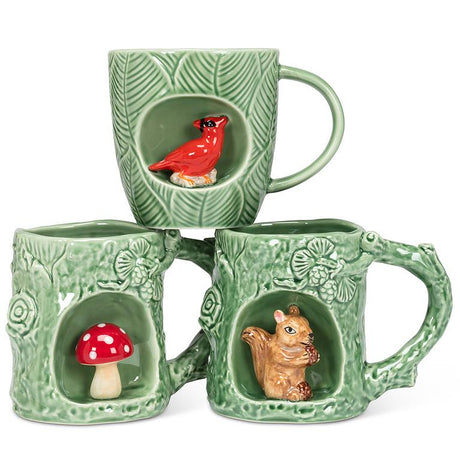 stoneware woodland animal mug with 3D figurine alcove cardinal squirrel mushroom