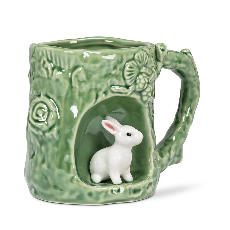 stoneware tree trunk mug with 3D bunny figurine alcove woodland coffee cup