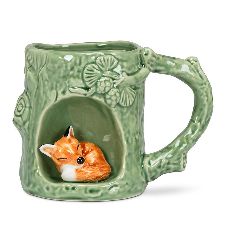 stoneware tree trunk mug with 3D sleeping fox figurine alcove woodland coffee cup